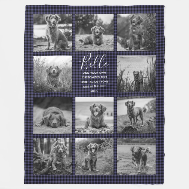 Personalized 11 Photo Collage Navy Blue Check Fleece Blanket (Front)