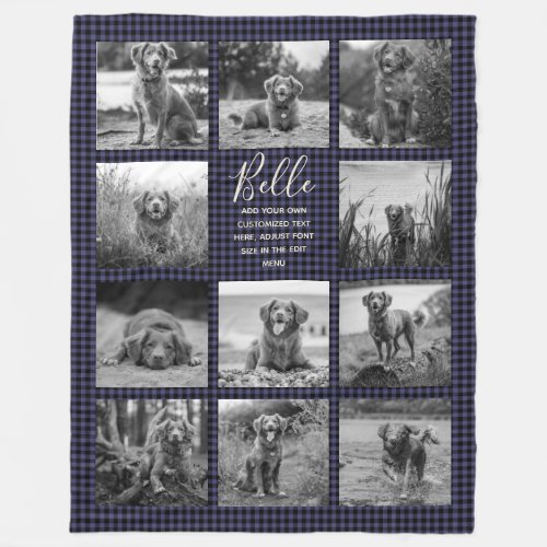 Personalized 11 Photo Collage Navy Blue Check Fleece Blanket