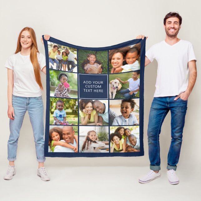 Personalized 11 Photo Collage Navy Blue Fleece Blanket (In Situ)