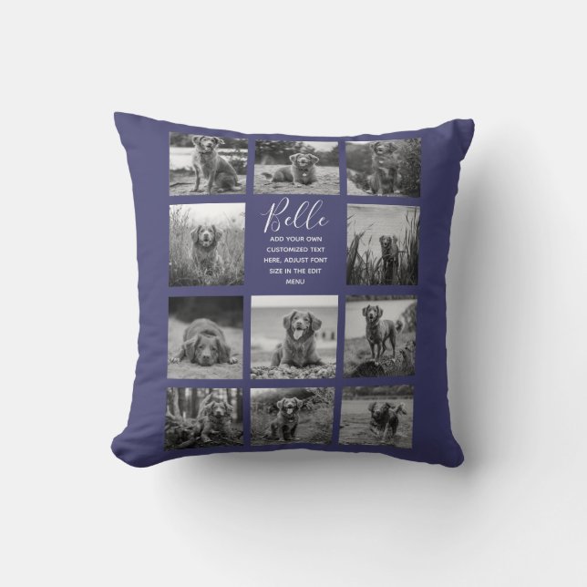 Personalized 11 Photo Collage Navy Blue Throw Pillow (Front)