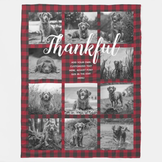 Personalized 11 Photo Collage THANKFUL Red Plaid Fleece Blanket (Front)