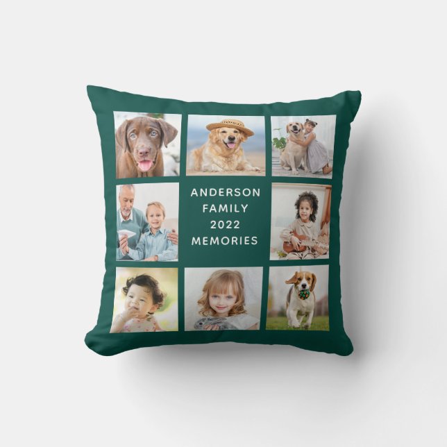 Personalized 11 Photo Collage Trendy Emerald Green Throw Pillow (Front)