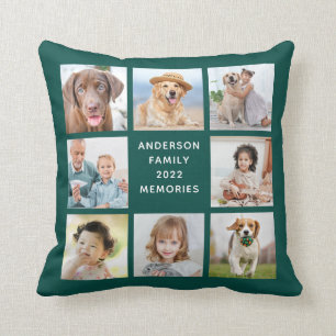 Personalized 11 Photo Collage Trendy Emerald Green Throw Pillow