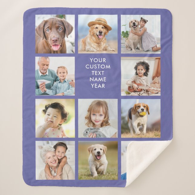 Personalized 11 Photo Collage Trendy Periwinkle Sherpa Blanket (Front)