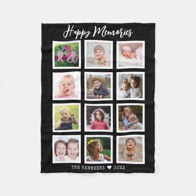 Personalized 12 Family Photo Collage Black Fleece Blanket (Front)
