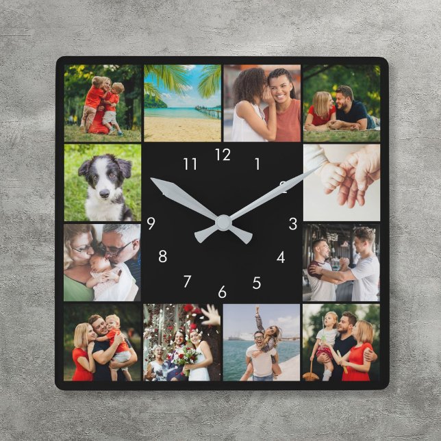 Personalized 12 Family Photo Collage Black Square Wall Clock (Personalized 12 Family Photo Collage Black Square Wall Clock)