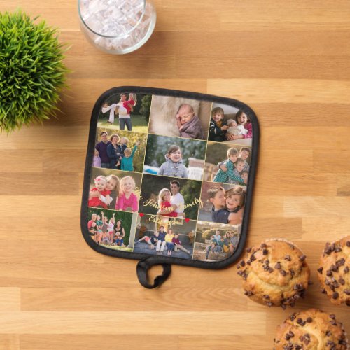 Personalized 12 Family Photo Collage Gold Monogram Pot Holder