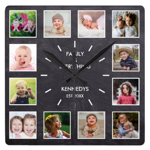 Personalized 12 Photo Collage Chalkboard  Family Square Wall Clock