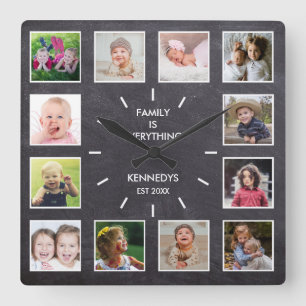 Personalized 12 Photo Collage Chalkboard  Family Square Wall Clock