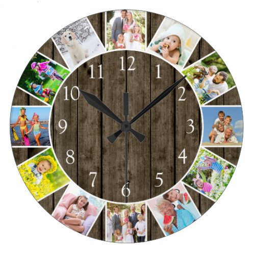 Personalized 12 Photo Collage Dark Wood Round Large Clock
