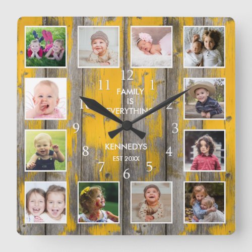 Personalized 12 Photo Collage Distressed Wood Square Wall Clock