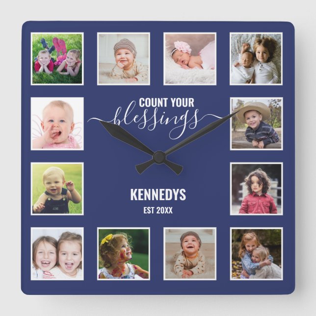 Personalized 12 Photo Collage Family Blessing Blue Square Wall Clock (Front)