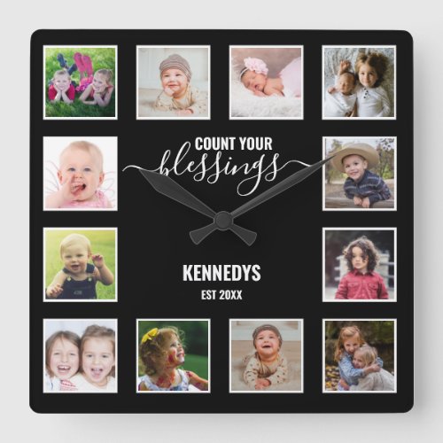 Personalized 12 Photo Collage Family Blessing Square Wall Clock