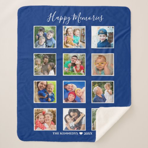 Personalized 12 Photo Collage Family Name Blue  Sherpa Blanket