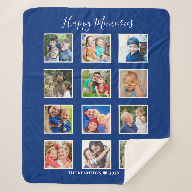Personalized 12 Photo Collage Family Name Blue  Sherpa Blanket (Front)
