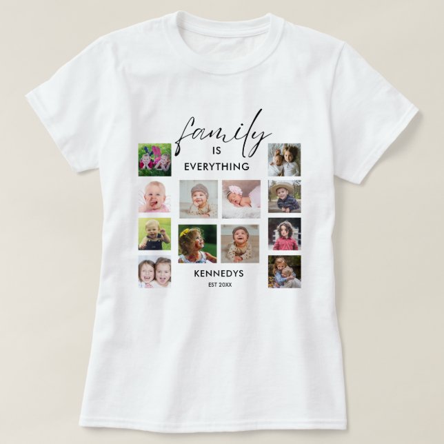Personalized  12 Photo Collage Family Name Quote T-Shirt (Design Front)