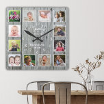 Personalized 12 Photo Collage Family Name Wood Square Wall Clock<br><div class="desc">Create your own photo collage wall clock with 12 of your favorite pictures. NOTE: Please upload your photos after cropping them to a square size . This will help you avoid cutting off face in the corners . The photo frame clock helps you treasure your special moments and also makes...</div>