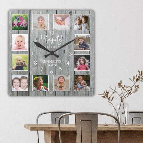 Personalized 12 Photo Collage Family Name Wood Square Wall Clock