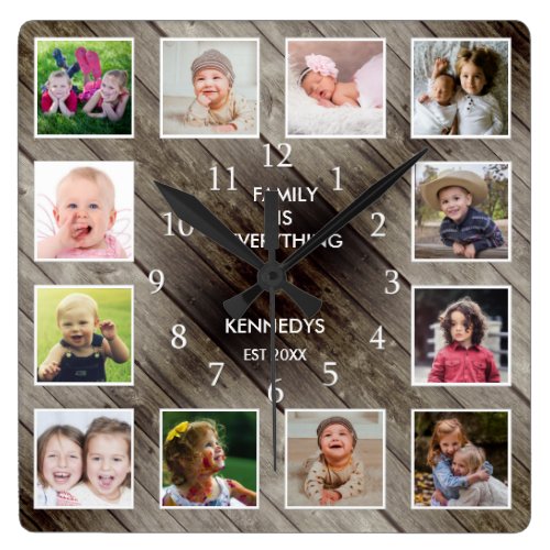 Personalized 12 Photo Collage Farmhouse Barn Wood  Square Wall Clock