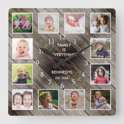 Personalized 12 Photo Collage Farmhouse Barn Wood  Square Wall Clock