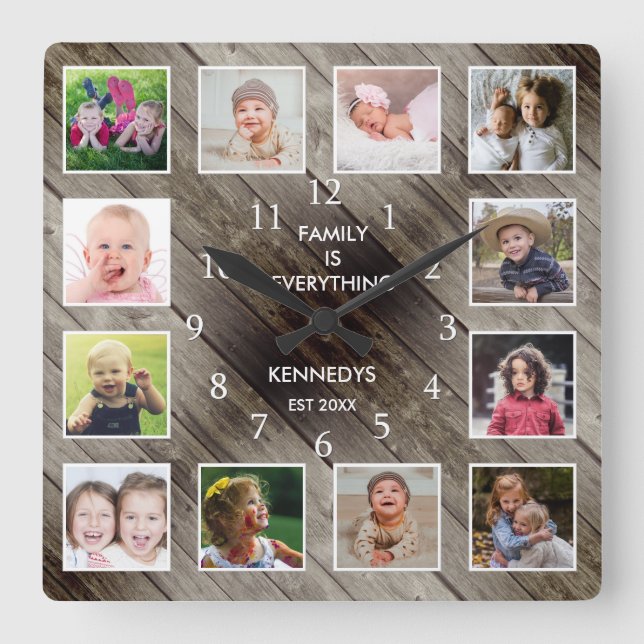 Personalized 12 Photo Collage Farmhouse Barn Wood  Square Wall Clock (Front)