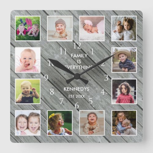 Personalized 12 Photo Collage Farmhouse Gray Wood Square Wall Clock