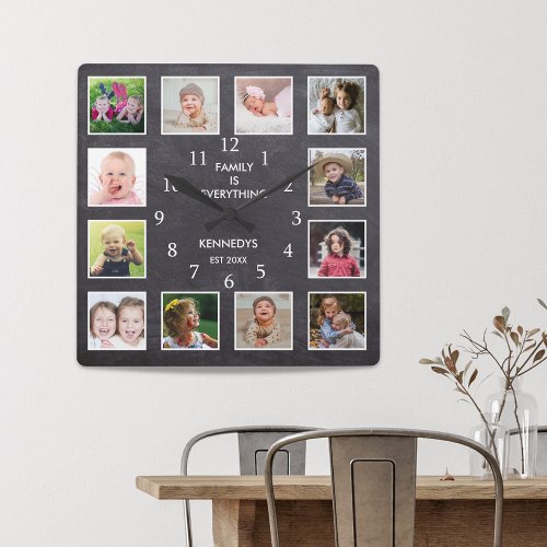 Personalized 12 Photo Collage Frame Chalkboard Square Wall Clock