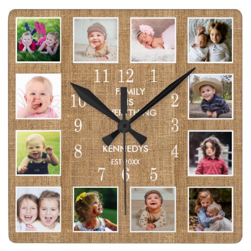 Personalized 12 Photo Collage Frame Rustic Burlap Square Wall Clock