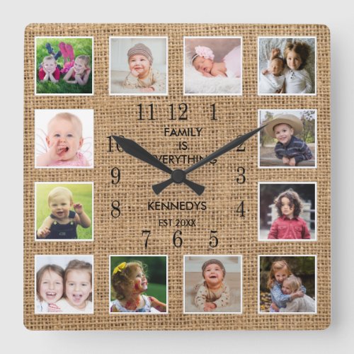 Personalized 12 Photo Collage Frame Rustic Burlap Square Wall Clock