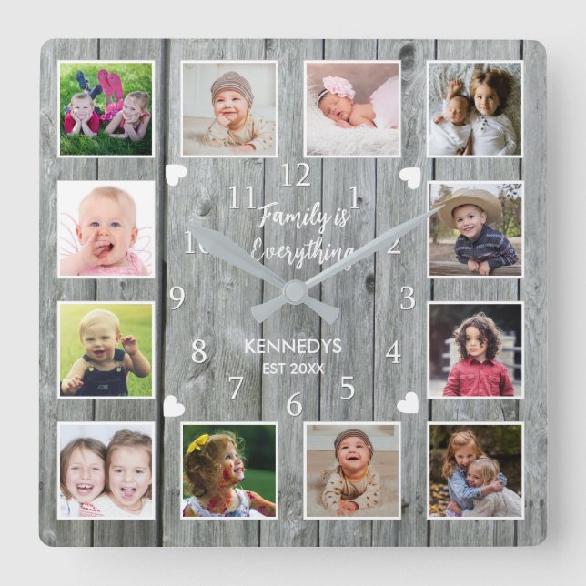 Personalized 12 Photo Collage  Gray Wood Family   Square Wall Clock (Front)