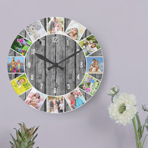 Personalized 12 Photo Collage Gray Wood Round Large Clock
