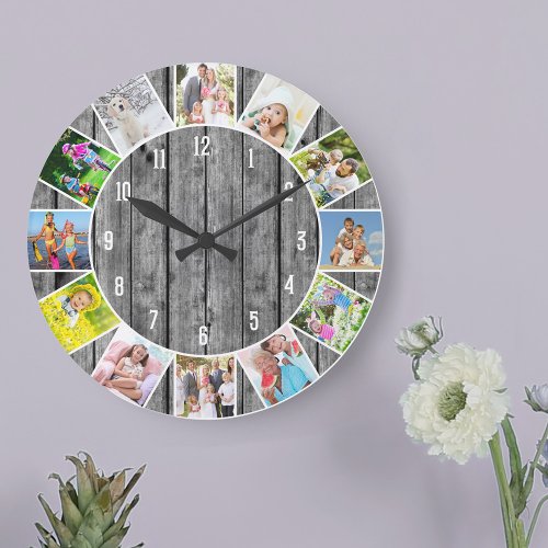 Personalized 12 Photo Collage Gray Wood Round Large Clock