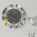 Personalized 12 Photo Collage Grey Wood Round Large Clock<br><div class="desc">Create your own unique wall clock. The photo template is set up ready for you to add 12 of your favorite photos. Add your pictures working clockwise from the top and switch them around to get the look you want. This dark grey and black wood look design has white numbers...</div>