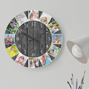 Personalized 12 Photo Collage Grey Wood Round Large Clock
