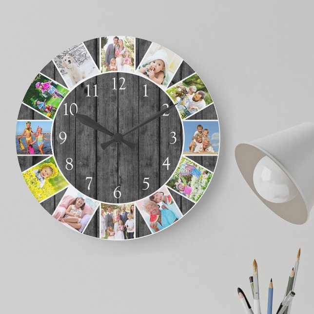 Personalized 12 Photo Collage Grey Wood Round Large Clock (Photo clock with 12 photos, one at each hour. Great design for your home or a thoughtful photo gift.)
