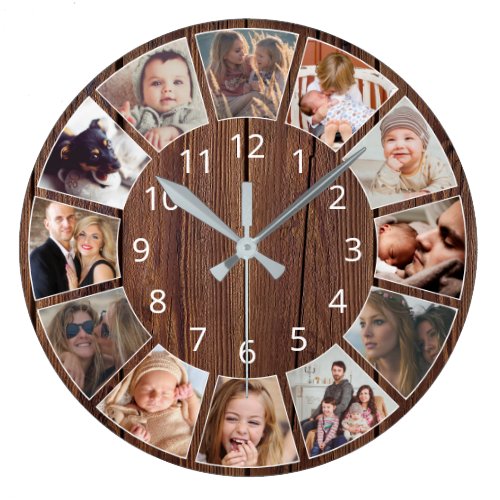 Personalized 12 Photo Collage Natural Wood Large Clock