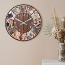Personalized 12 Photo Collage Natural Wood Round Clock