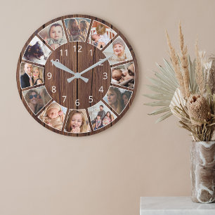 Personalized 12 Photo Collage Natural Wood Round Clock