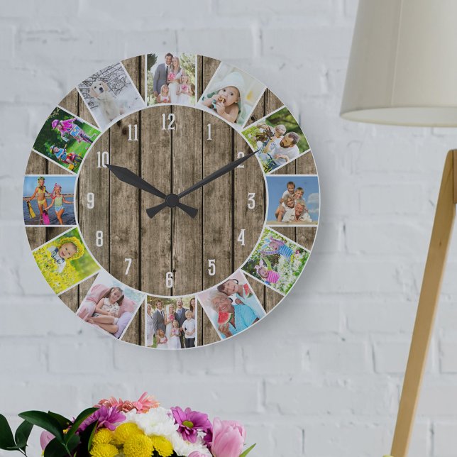 Personalized 12 Photo Collage Natural Wood Round Large Clock (Creator Uploaded)