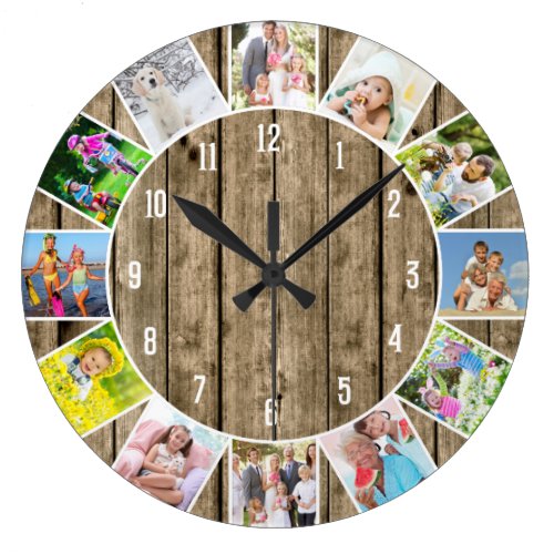 Personalized 12 Photo Collage Natural Wood Round Large Clock