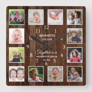 Personalized 12 Photo Collage Quote Brown Wood Square Wall Clock