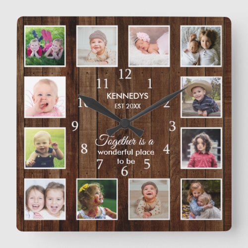 Personalized 12 Photo Collage Quote Brown Wood   Square Wall Clock