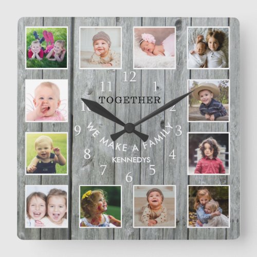 Personalized 12 Photo Collage Quote Gray Wood   Square Wall Clock