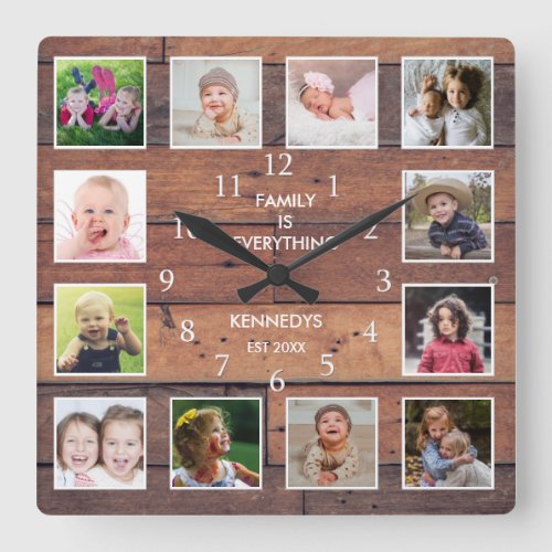 Personalized 12 Photo Collage Reclaimed Wood Square Wall Clock