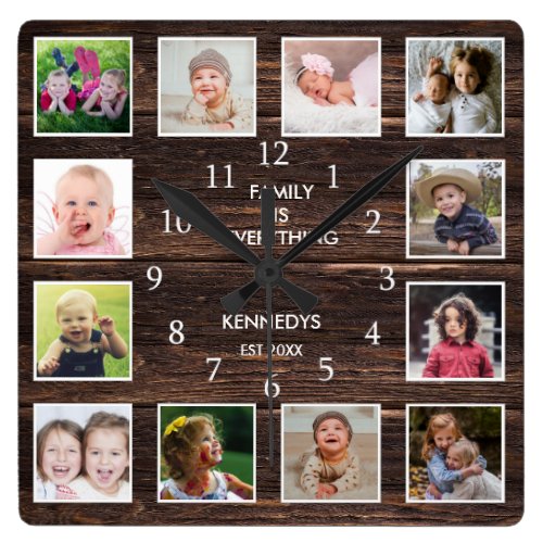 Personalized 12 Photo Collage Rustic Barn Wood Square Wall Clock