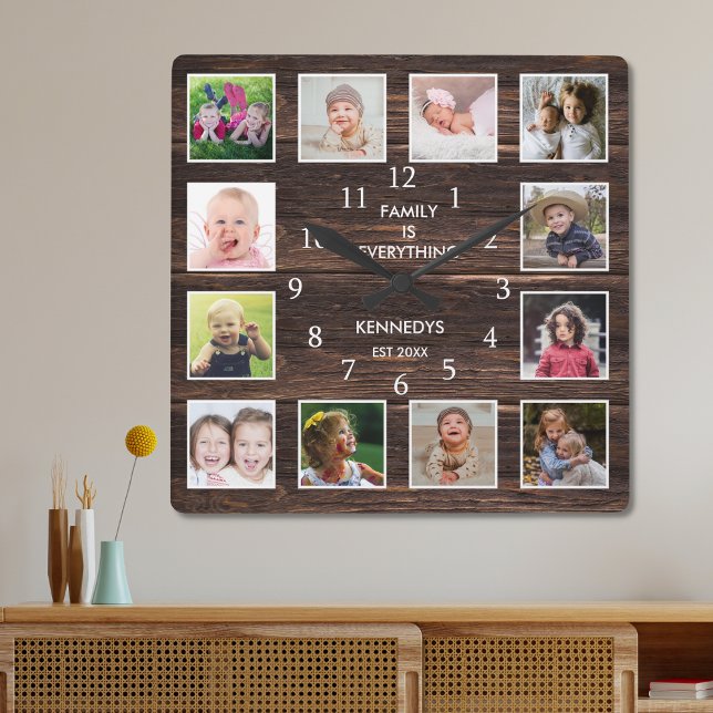 Personalized 12 Photo Collage Rustic Barn Wood Square Wall Clock (Creator Uploaded)