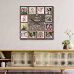 Personalized 12 Photo Collage Rustic Brown Wood Square Wall Clock<br><div class="desc">Create your own photo collage wall clock with 12 of your favorite pictures. The photo frame clock helps you treasure your special moments and also makes a thoughtful gift for parents, grandparents and friends. The personalized family clock makes it a perfect gift for all occasions. Personalize with family name and...</div>