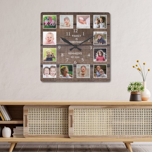 Personalized 12 Photo Collage Rustic Brown Wood Square Wall Clock