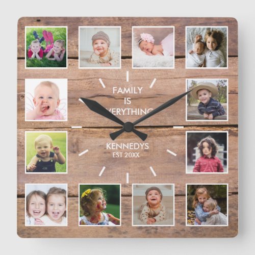 Personalized 12 Photo Collage Rustic Brown Wood Square Wall Clock