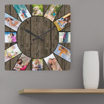 Personalized 12 Photo Collage Rustic Dark Wood Square Wall Clock<br><div class="desc">Create your own unique wall clock with 12 of your favorite photos. The photo template is set up ready for you to add your pictures working clockwise from the top. This attractive, dark wood look design has black numbers and will look great with modern, rustic and farmhouse decor. For this...</div>
